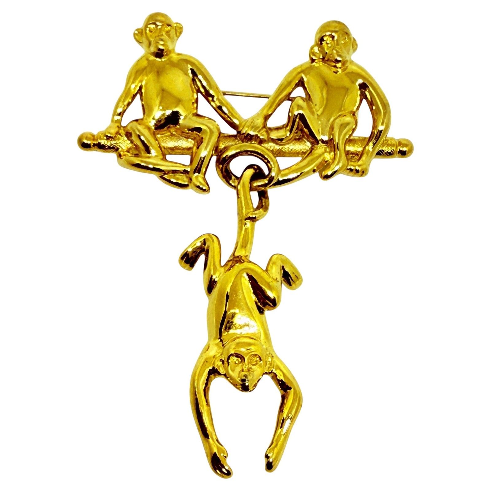 Trifari Signed Vintage Gold Tone Three Monkeys Designer Brooch